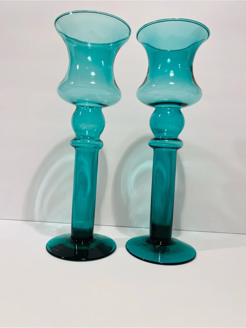 Vintage Emerald Green Handblown Glass Set of 2 Candle Holders 11”